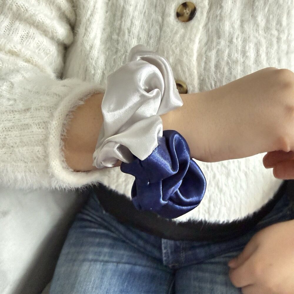 Luxury Blue/ Silver Satin Scrunchie Handmade – Hair Accessory - Picture 10 of 16